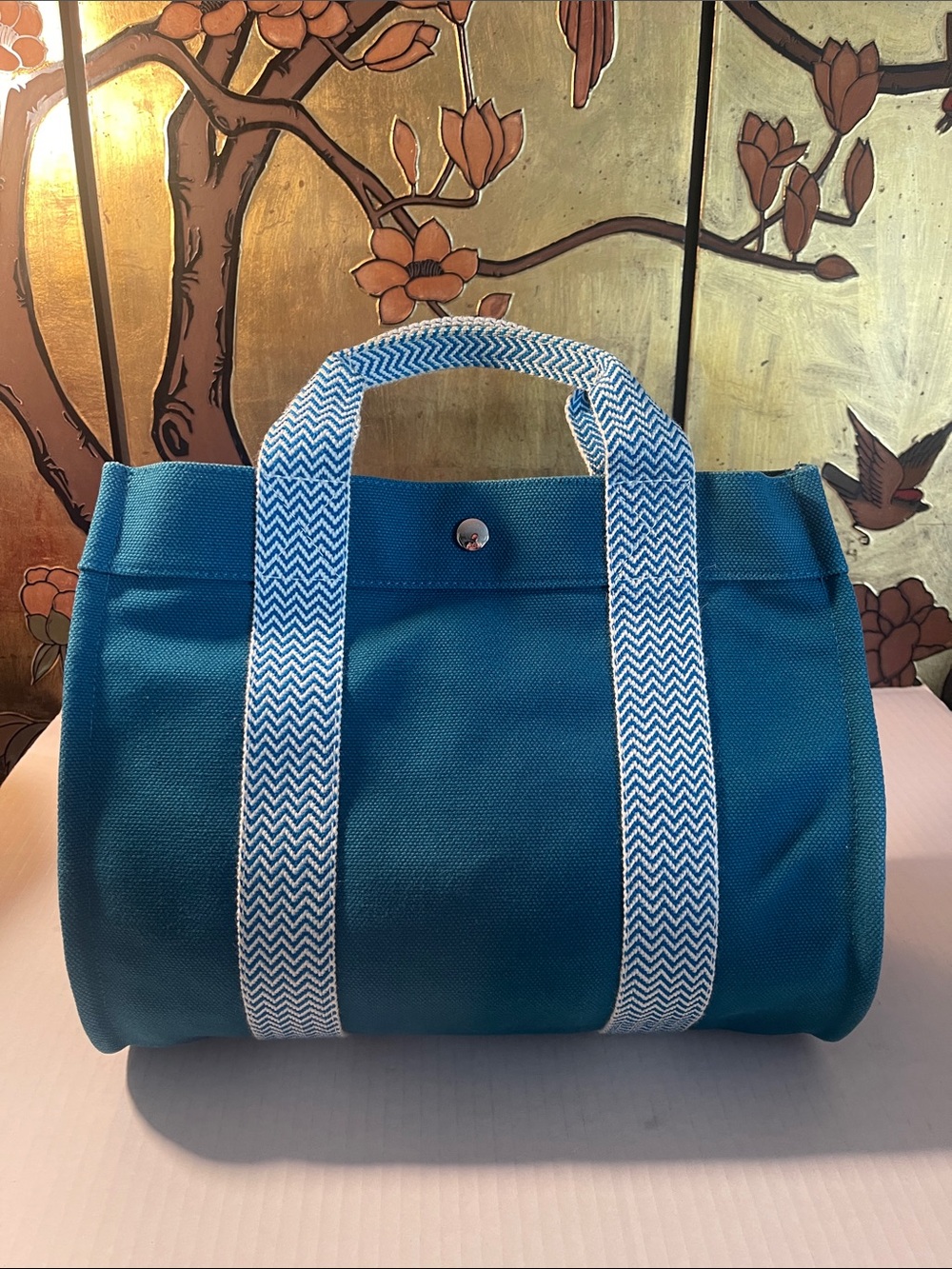 HERMES Canvas Tote Bag with Chevron Straps - Teal